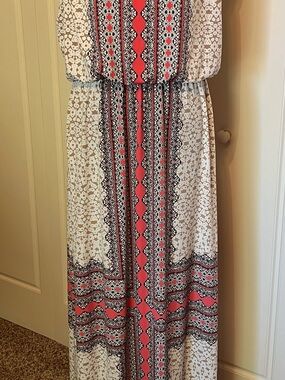 Boho Maxi Dress in Coral, Black, Tan & White -Sz 12